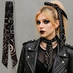 Black Chain Print Slim Silk Scarf Equestrian Glam Minimal Style No22